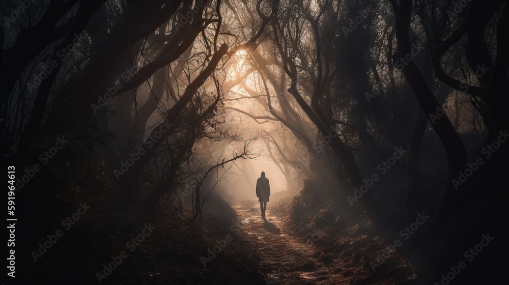 Aufkleber a person walking down a trail in a forest at night with the sun shining through the trees and fog on