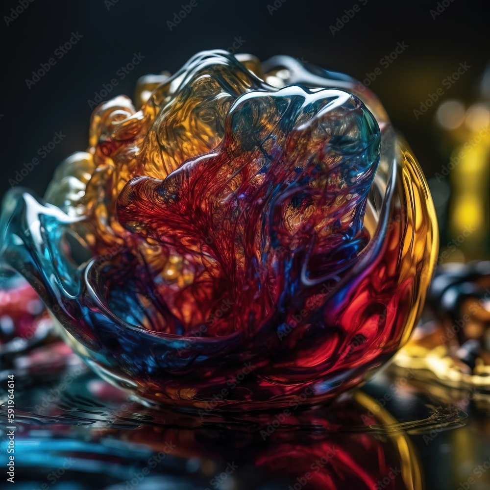 Poster a colorful glass bowl sitting on top of a table next to other glass objects and a bottle of wine in 