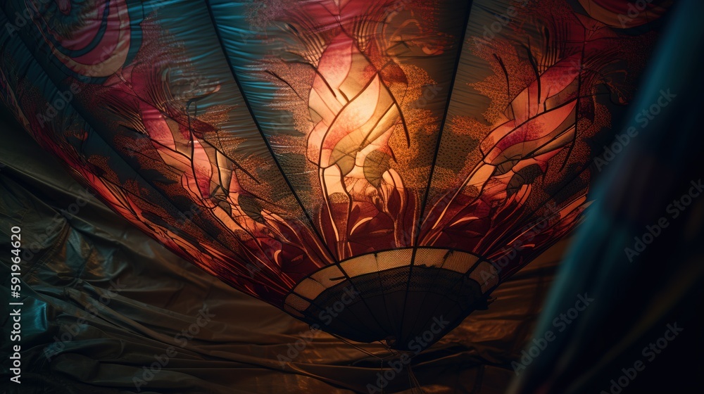 Poster a close up of a lit up lantern in a room with a curtain on the ceiling and a painting on the ceiling