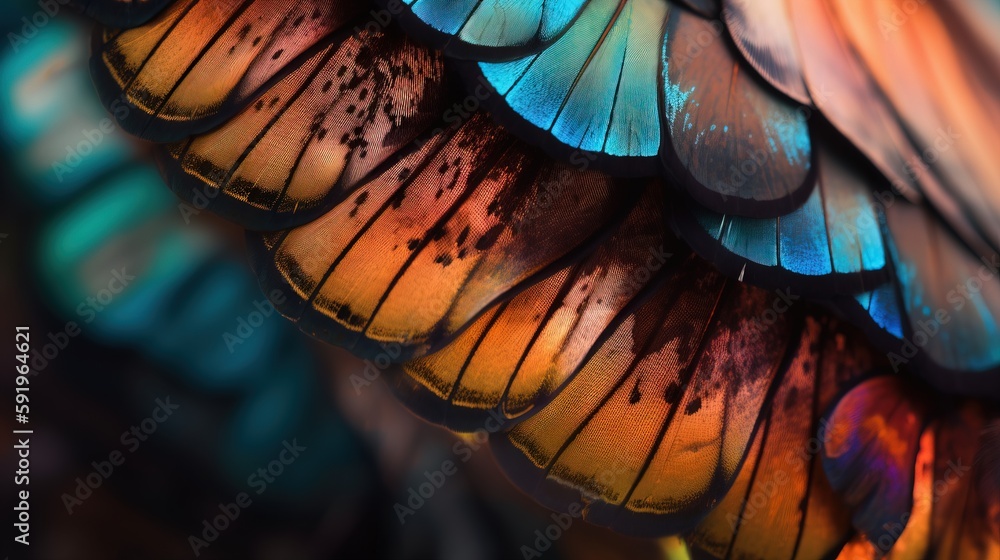 Poster a close up of a multicolored bird wing with a black background and a blurry image of the wing of a b
