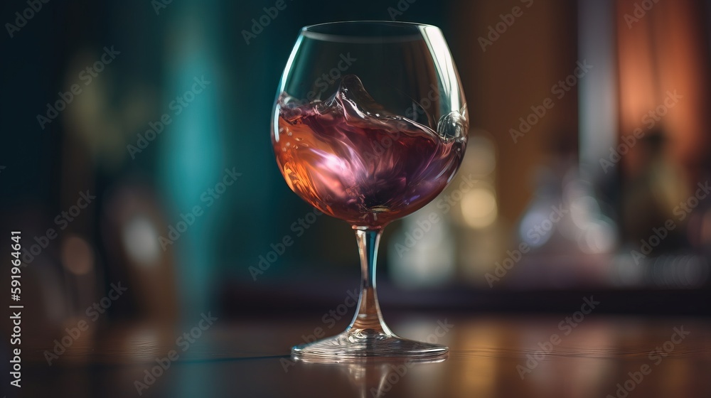 Poster  a glass of wine with a liquid inside of it on a table with a blurry background of another glass with a liquid inside of it.  generative ai