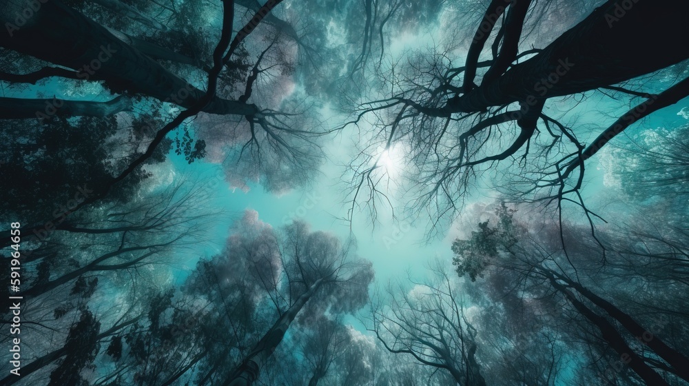 Aufkleber looking up into a forest filled with tall, leafless trees with a blue sky in the middle of the image
