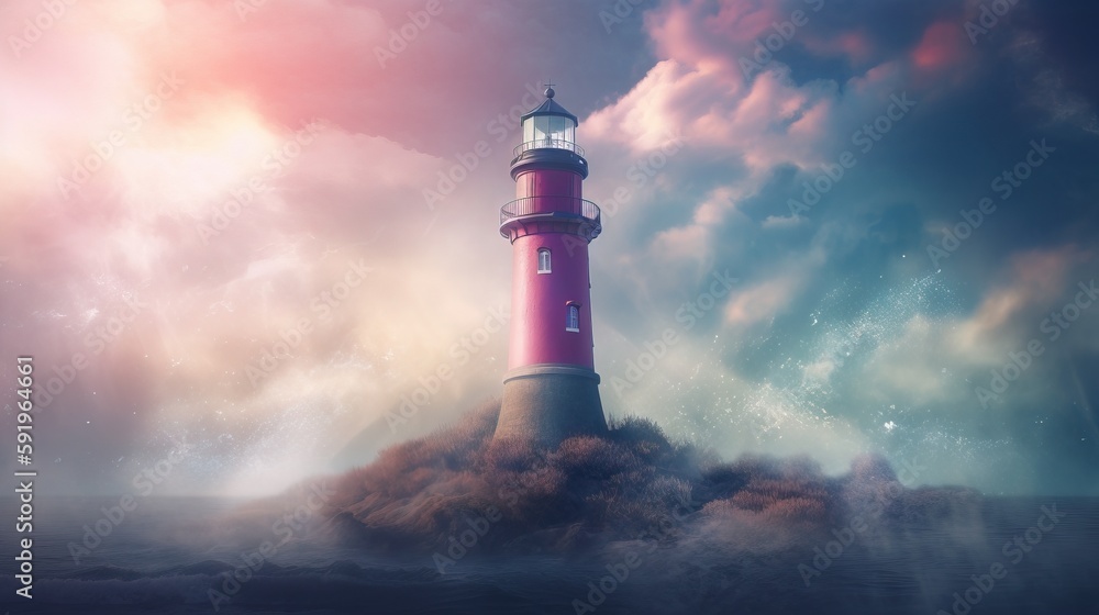 Poster a red and white lighthouse in the middle of the ocean with a cloudy sky behind it and a star filled 
