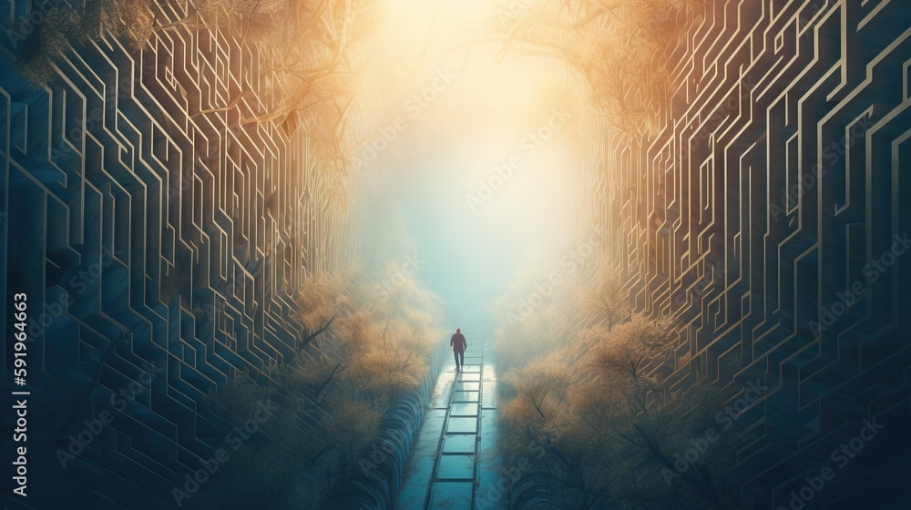 Poster a man standing in the middle of a tunnel with a light at the end
