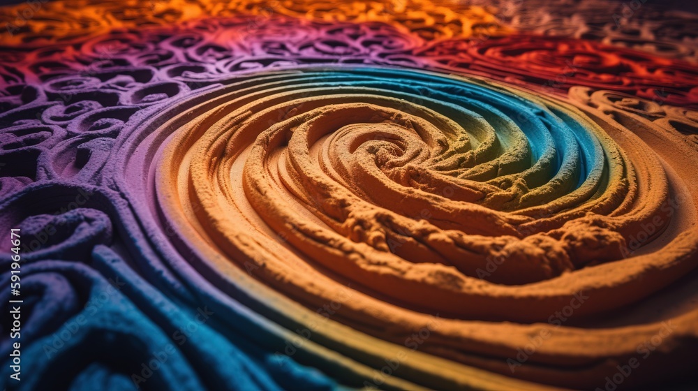 Poster a rainbow swirl made of sand on a table with a black background and a rainbow colored spiral in the 