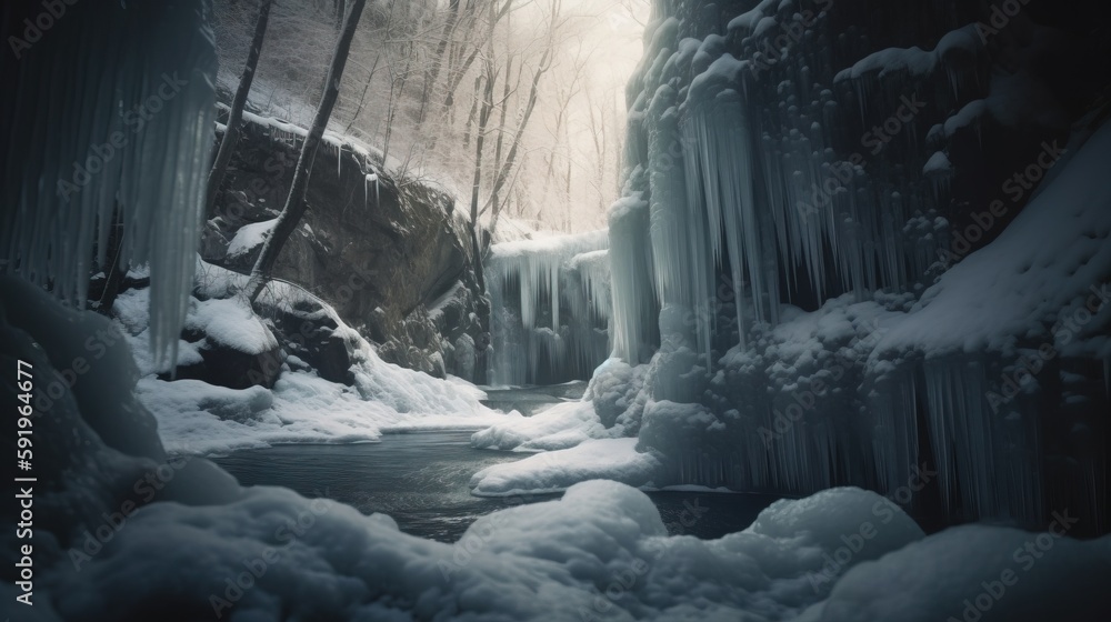 Aufkleber a frozen waterfall in the middle of a forest with lots of snow on the ground and trees in the backgr
