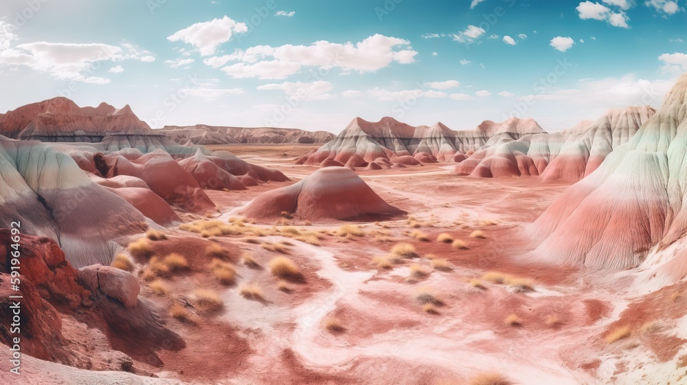 Aufkleber a desert landscape with rocks and grass in the foreground and a blue sky with clouds in the backgrou