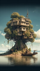 Obraz premium tree house on the water Generative AI