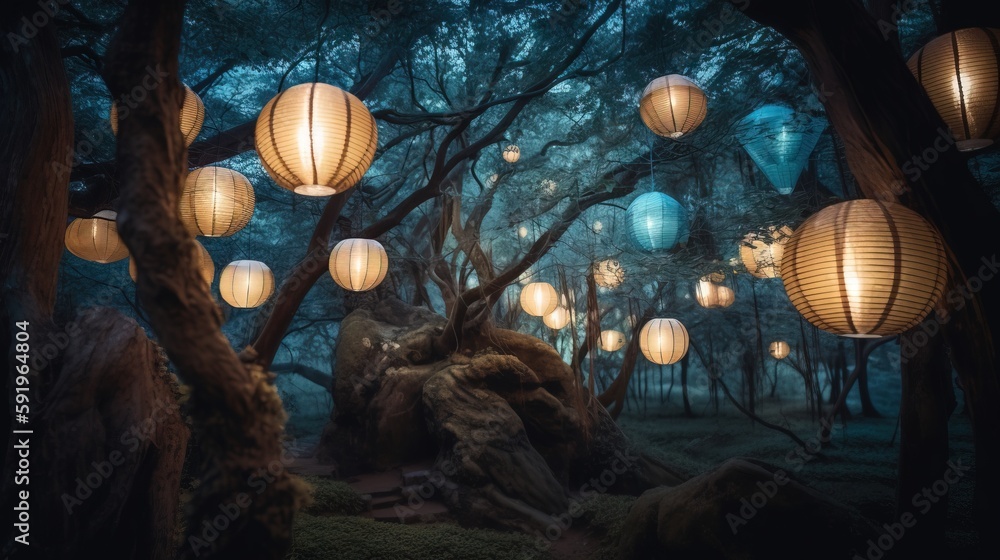 Poster a forest filled with lots of paper lanterns floating in the air above trees and rocks at night time 