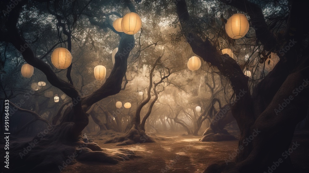 Poster a forest filled with lots of trees covered in lanterns at night with lights shining on the trees and