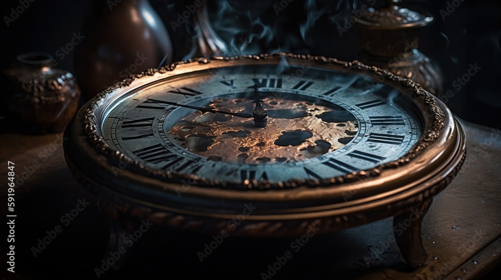 Aufkleber a clock sitting on top of a wooden table next to a vase and a vase with a candle in it on top of a t