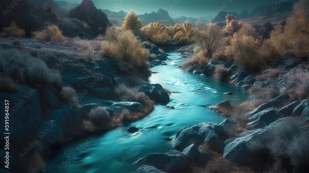 Poster a painting of a river running through a rocky area with trees in the background and a full moon in t