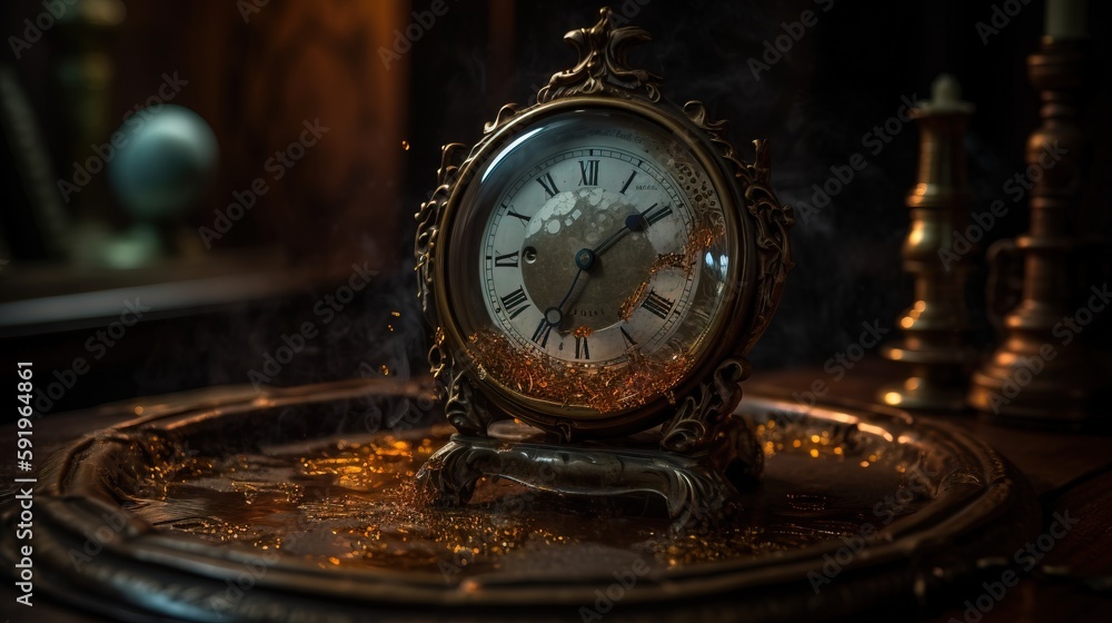 Poster a steam clock sitting on top of a table next to a candle and a clock on a tray with steam coming out