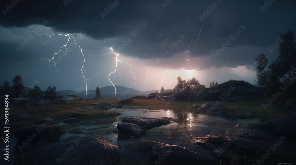 Poster a storm is coming in over a river and a tree with a lot of lightning in the sky above it is a small 