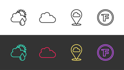 Set line Cloud with rain and sun, , Location cloud and Fahrenheit on black and white. Vector