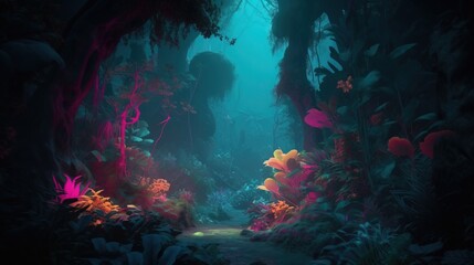 Obraz na płótnie Canvas a painting of a dark forest with a path leading to a light at the end of the forest, with plants and flowers on either side of the path. generative ai