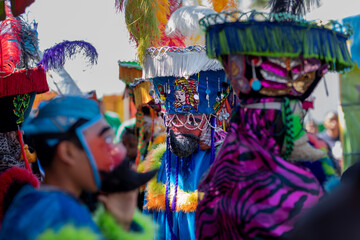 Close up of the mask of a chinelo that is dancing in a carnival in Mexico