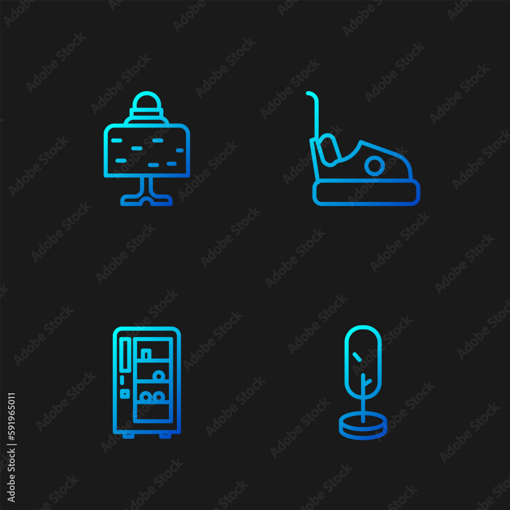 Poster set line tree, vending machine, magic ball on table and bumper car. gradient color icons. vector