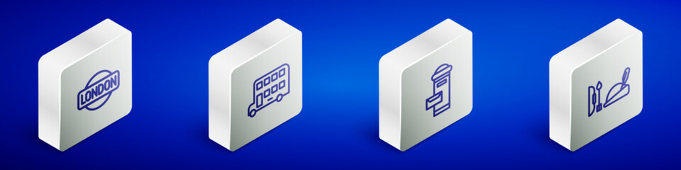 Set Isometric line London sign, Double decker bus, mail box and Robin hood hat icon. Vector
