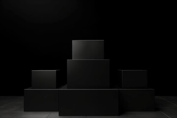 Empty podium, abstract black cubes. Presentation platform. Generative AI