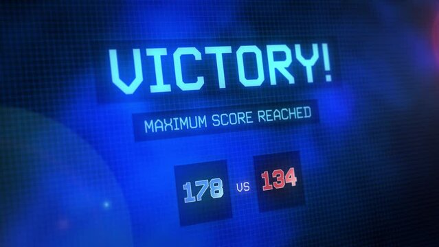 Video game graphic displaying the word &lsquo;Victory!&rsquo; on a blue background, underneath are displayed the scores of the winning and losing player or team.