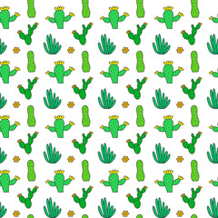 Fototapeta na wymiar Seamless pattern with doodle cactuses and aloe.
