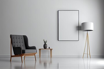 Generative AI illustration of armchair, coffee table, wood panel, floor lamp, and blank wall in modern minimalist room. Mock up for an illustration.