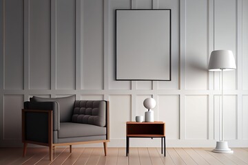 Generative AI illustration of armchair, coffee table, wood panel, floor lamp, and blank wall in modern minimalist room. Mock up for an illustration.