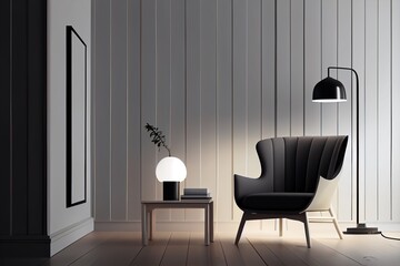 Generative AI illustration of armchair, coffee table, wood panel, floor lamp, and blank wall in modern minimalist room. Mock up for an illustration.