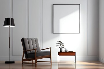 Generative AI illustration of armchair, coffee table, wood panel, floor lamp, and blank wall in modern minimalist room. Mock up for an illustration.