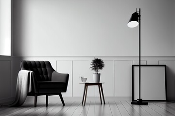 Generative AI illustration of armchair, coffee table, wood panel, floor lamp, and blank wall in modern minimalist room. Mock up for an illustration.