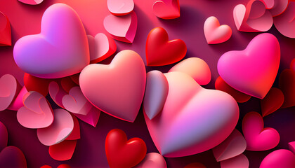 Valentines hearts background with pink and red tones, Generative AI