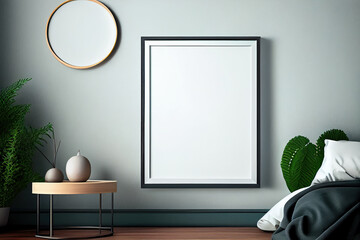 Generative AI illustration of vertical blank picture frame mockup, frame on the wall, nature decoration, mid century living room. Mock up for an illustration.