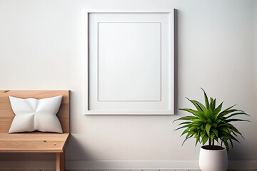 Generative AI illustration of vertical blank picture frame mockup, frame on the wall, nature decoration, mid century living room. Mock up for an illustration.