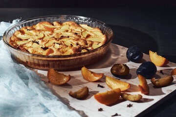 Delicious fruit cake with plums pie. Sweet pie, tart with fresh plums