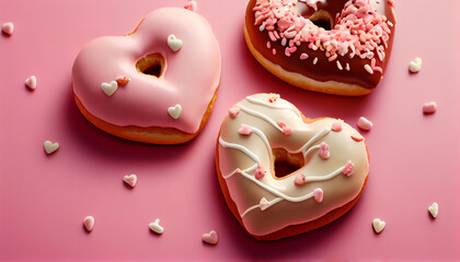 Sweet Valentines Day heart-shaped donuts on a pink background, Generative AI