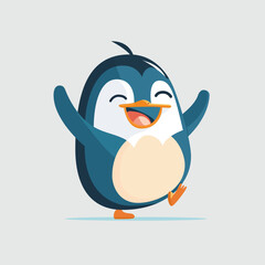 Cartoon penguin is jumping up and down with a big smile on its face. The penguin is happy and excited, possibly celebrating a victory or just having a good time. Concept of joy and playfulness