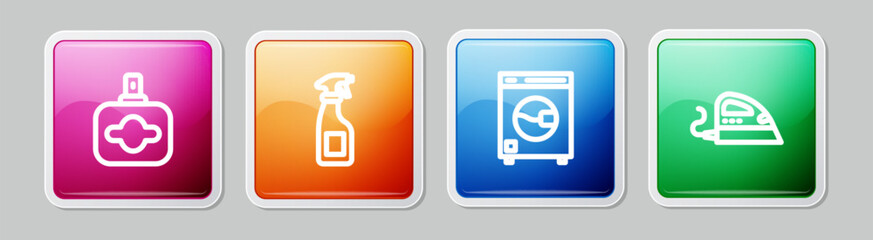 Set line Perfume, Cleaning spray bottle, Washer and Electric iron. Colorful square button. Vector