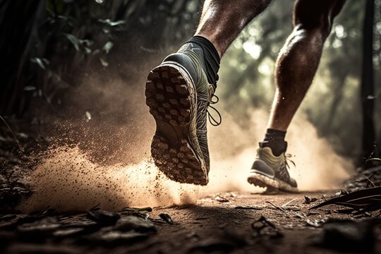Generative AI illustration of close-up at the runner feet is running on the dirt route at the jungle, street and road. Trail running sport action and human challenge concept