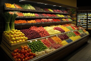 Generative AI illustration of fresh and colorful, fruit and vegetable section of the supermarket