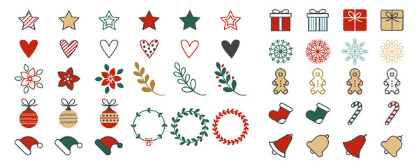 Christmas icon set. Gift, bell, wreath, peppermint, christmas ball, snowflake. Christmas elements