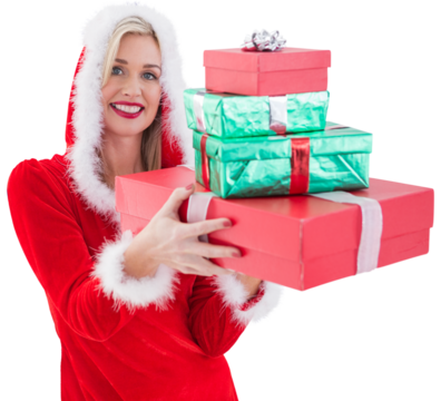 Festive blonde holding pile of gifts