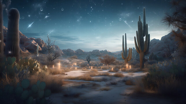 A desert of crystal sand with towering cacti made of ice and a sky full of shooting stars that leave trails of magic dust,photorealistic 