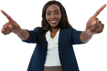 Portrait of smiling businesswoman using interface screen