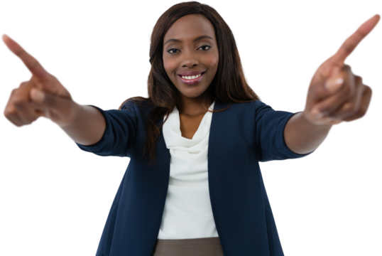 Portrait of smiling businesswoman using interface screen