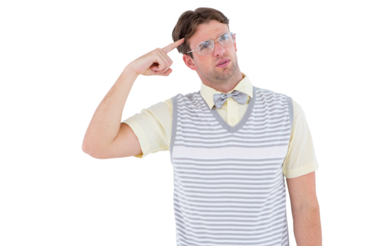 Geeky hipster thinking with finger on temple