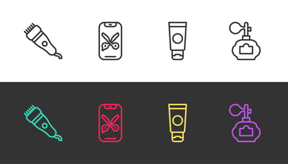 Set line Electrical hair clipper, Barber online service or platform, Cream cosmetic tube and Aftershave on black and white. Vector