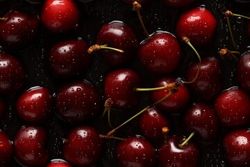 Fototapeta na wymiar TILE Background of fresh cherries with shimmering drops of water. View from the top. Shadows are soft. Focus is sharp and clean. Retouching at the highest level.