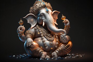 Generative AI illustration of Ganesha Hindu God , with flowers, oil painting taken up into heaven, sitting in front of bokeh mandala background - obrazy, fototapety, plakaty