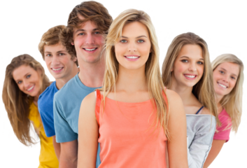 Smiling group standing behind one another at various angles